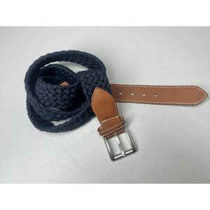 LL Bean Braided Nautical Rope Belt Navy Brown Leather USA Classic 46" Long